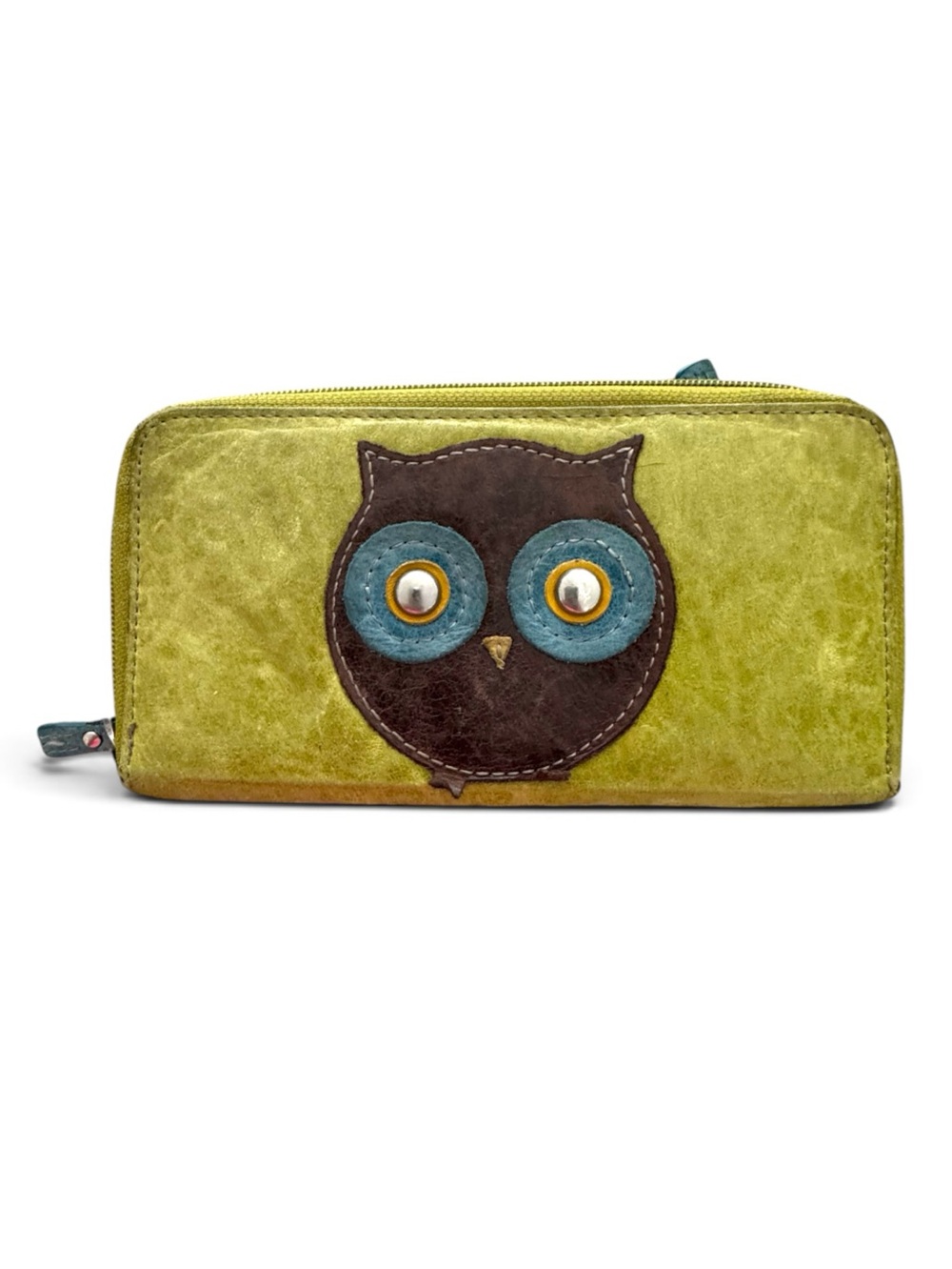 Fossil Green Leather Owl Zip-Around Wallet